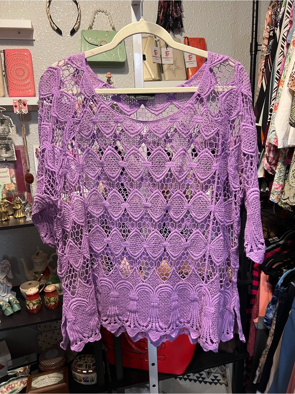 INC International Concepts Lavender Crochet Open-Knit Top